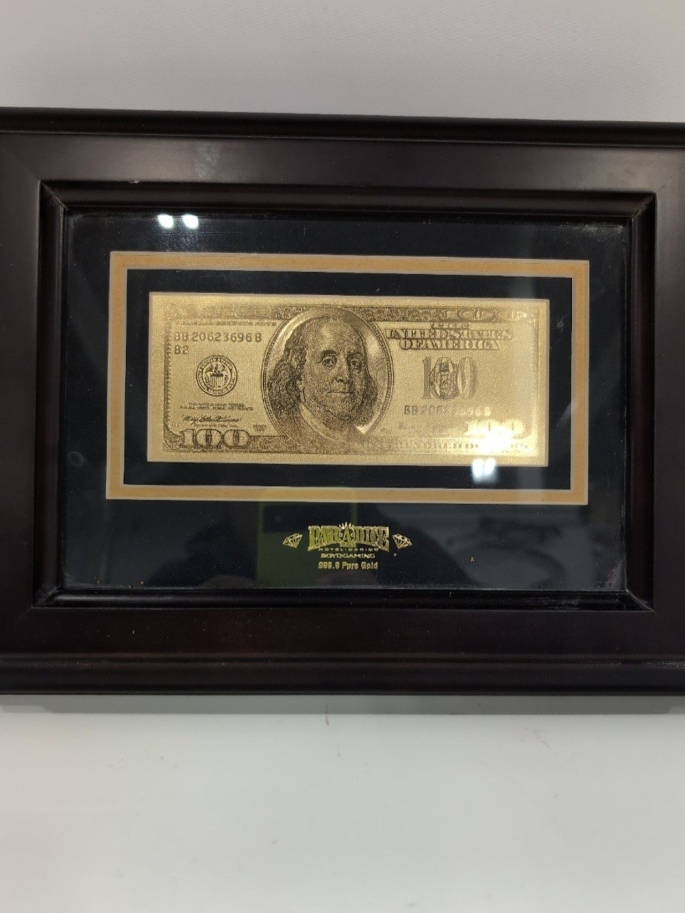 ​100$ Bill 999.9 Pure Gold Foil Note in Framed Glass Display Decor